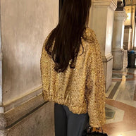 WW - Damen Locker geschnittene Pailletten Gold Bomberjacke mit Stehkragen