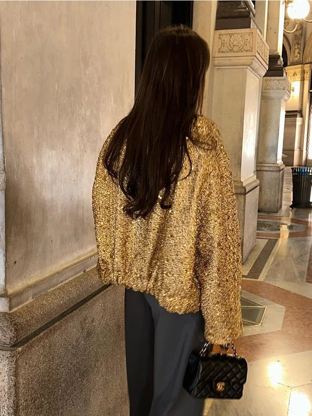 WW - Damen Locker geschnittene Pailletten Gold Bomberjacke mit Stehkragen