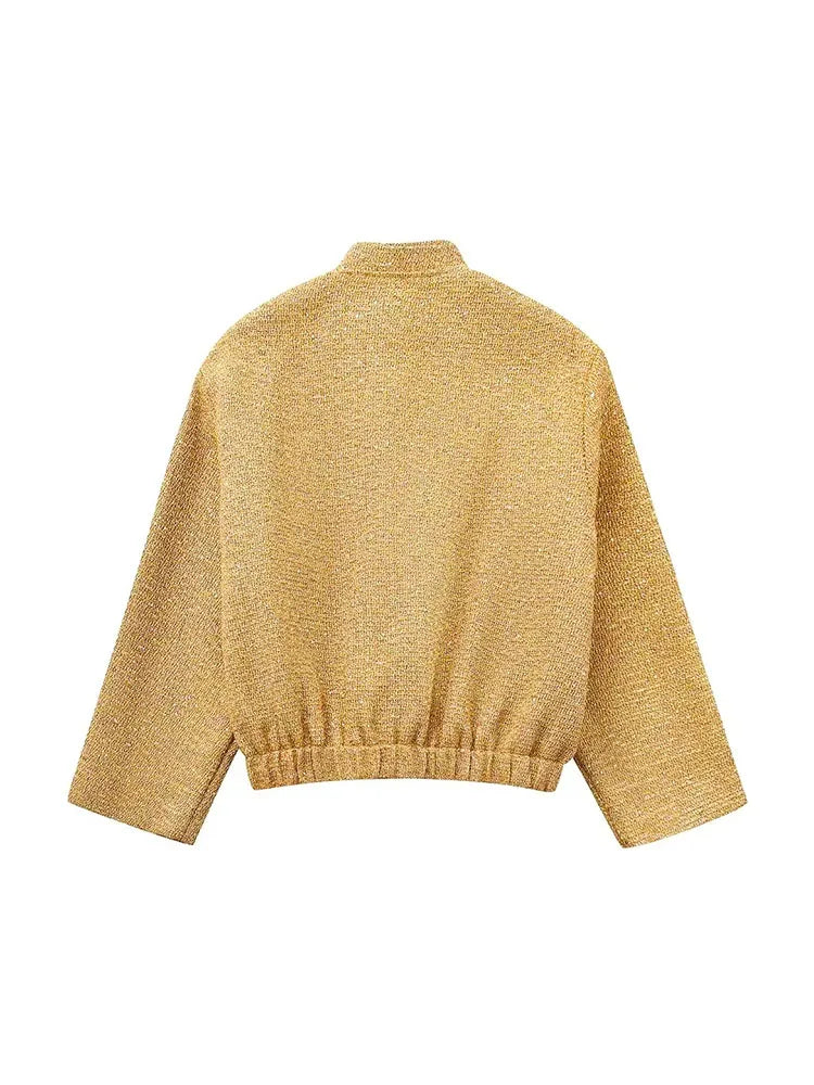 W&W Mode - Damen Locker geschnittene Pailletten Gold Bomberjacke mit Stehkragen