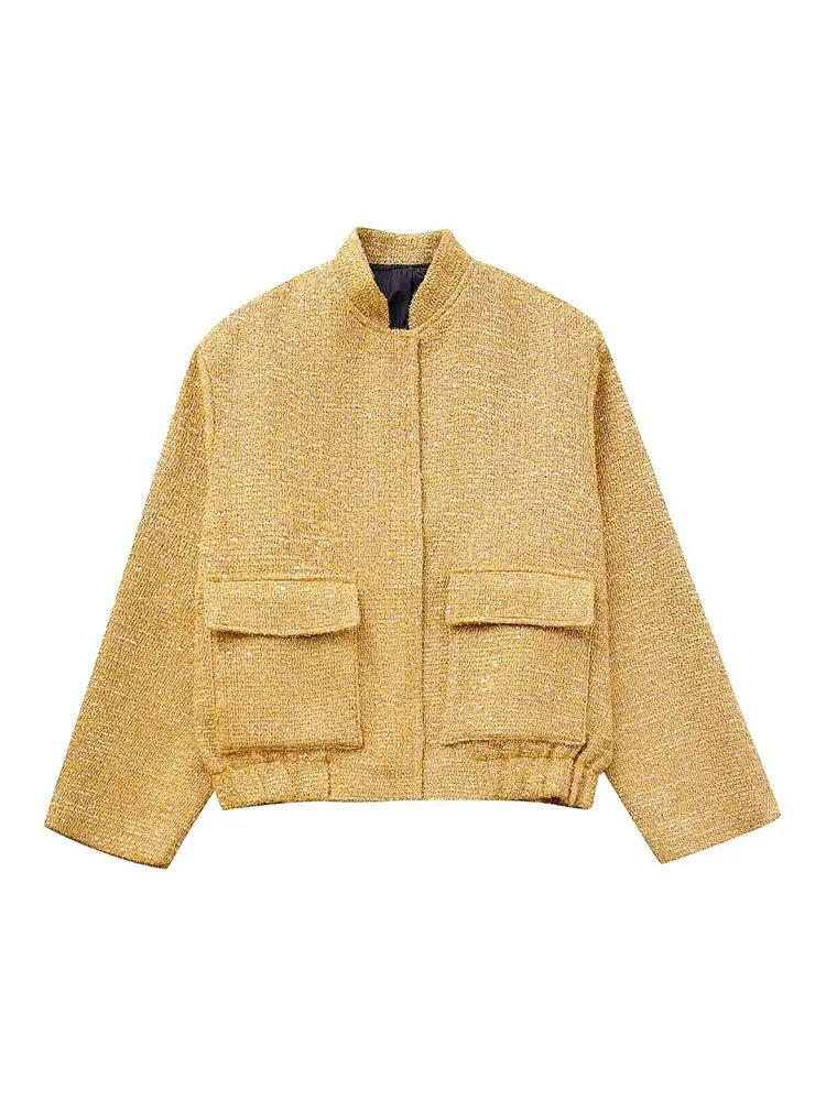 WW - Damen Locker geschnittene Pailletten Gold Bomberjacke mit Stehkragen