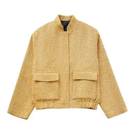 WW - Damen Locker geschnittene Pailletten Gold Bomberjacke mit Stehkragen