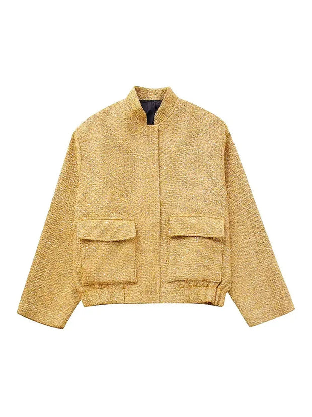 WW - Damen Locker geschnittene Pailletten Gold Bomberjacke mit Stehkragen