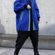 WW | Kapuzenzipper-Tunika-Muster blau dick Kleider Mäntel