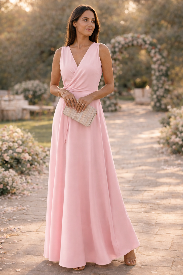 W&W Mode Maxikleid Damen lang elegant V-Ausschnitt ärmellos