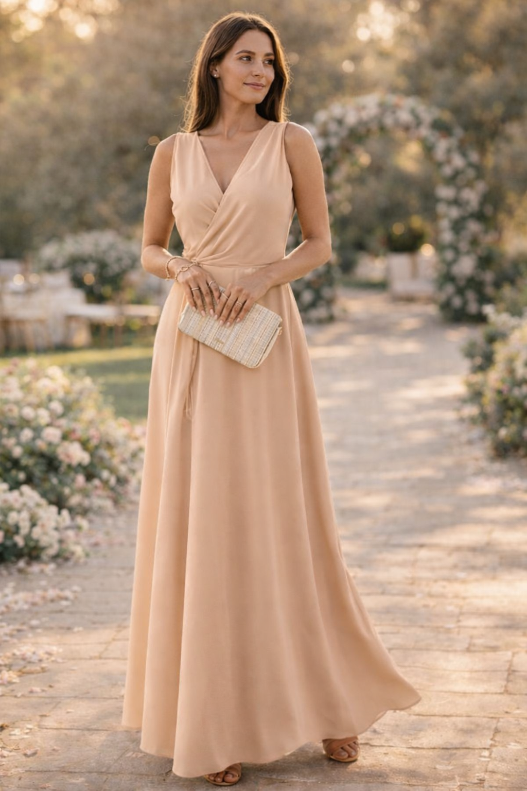 W&W Mode Maxikleid Damen lang elegant V-Ausschnitt ärmellos