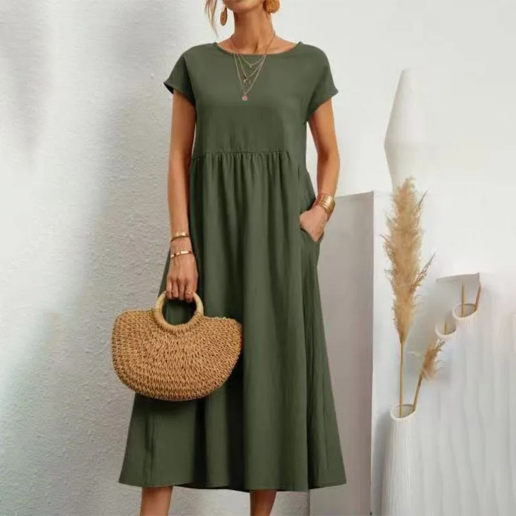 WW | Elegante Bequeme Leinenkleid Mit O-ausschnitt