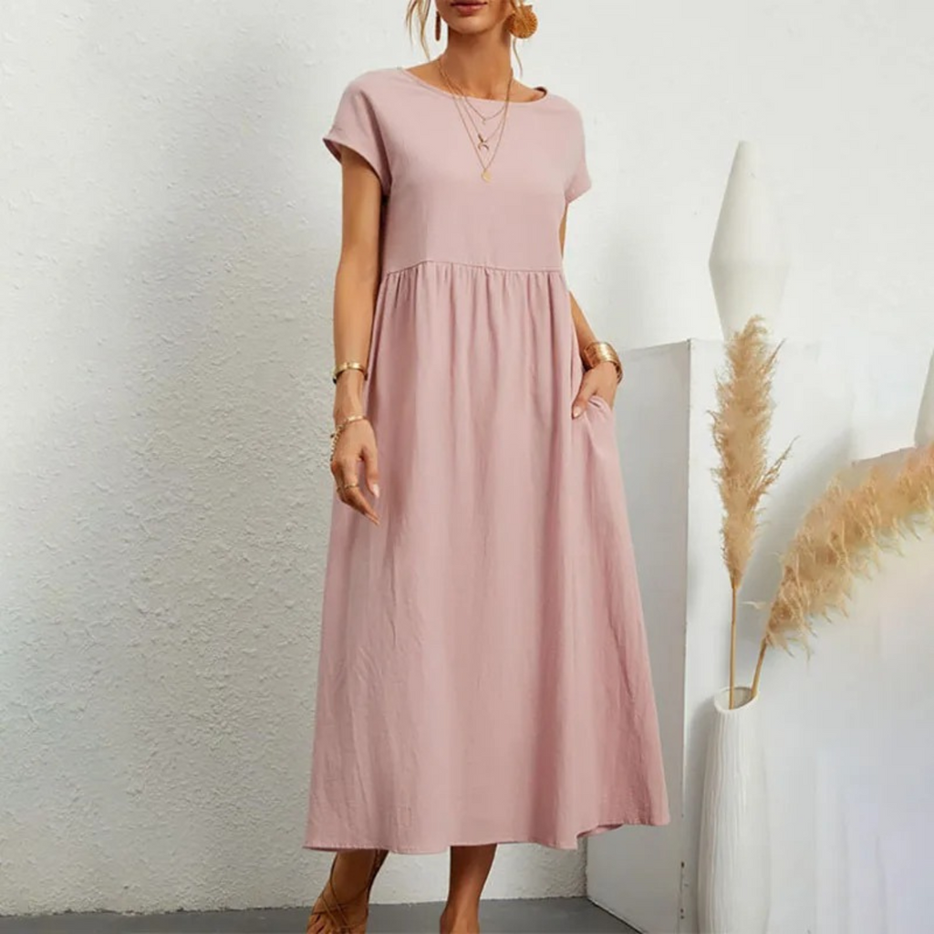 WW | Elegante Bequeme Leinenkleid Mit O-ausschnitt