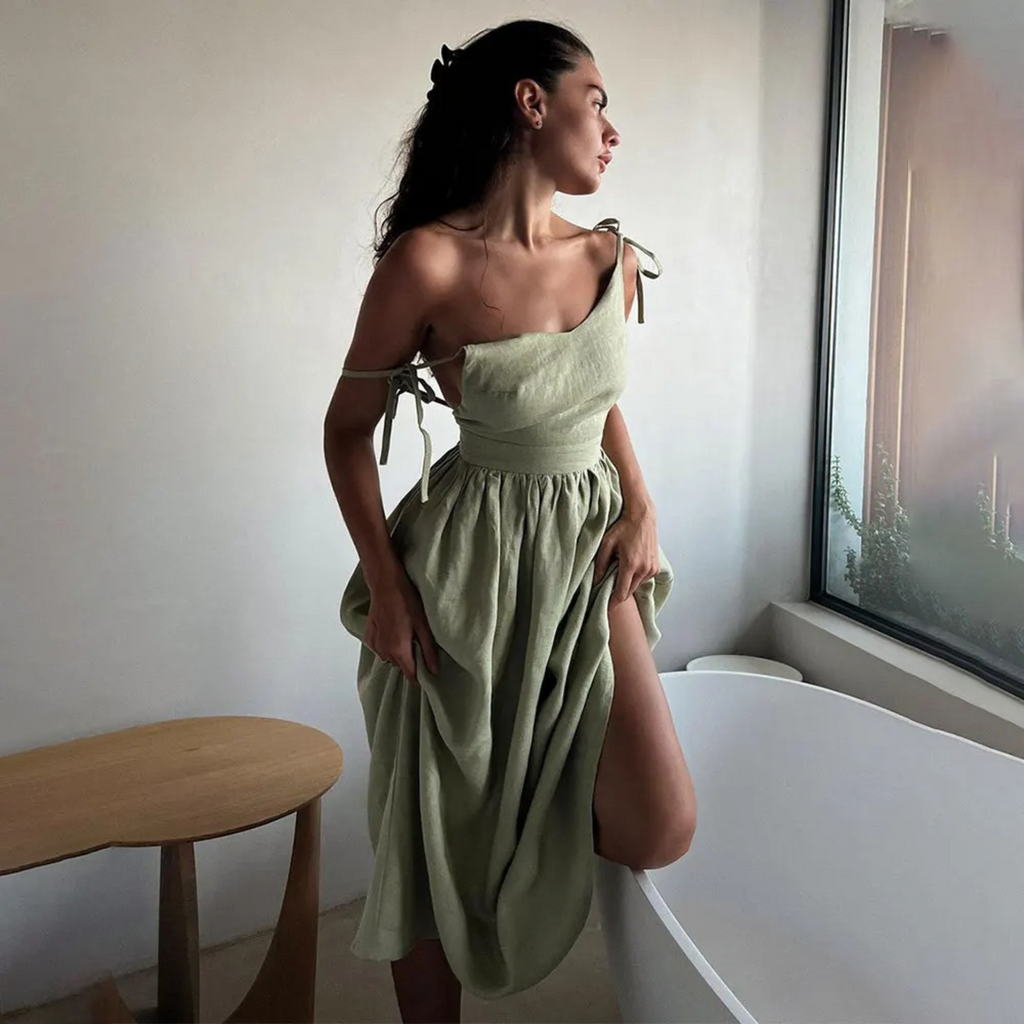 WW | Elegante Original Grün Bequeme Leinenkleid