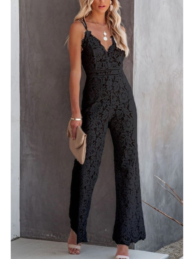 W&W Mode | Jumpsuit Offener Rücken V Ausschnitt Spitze Jumpsuit Damenbekleidung
