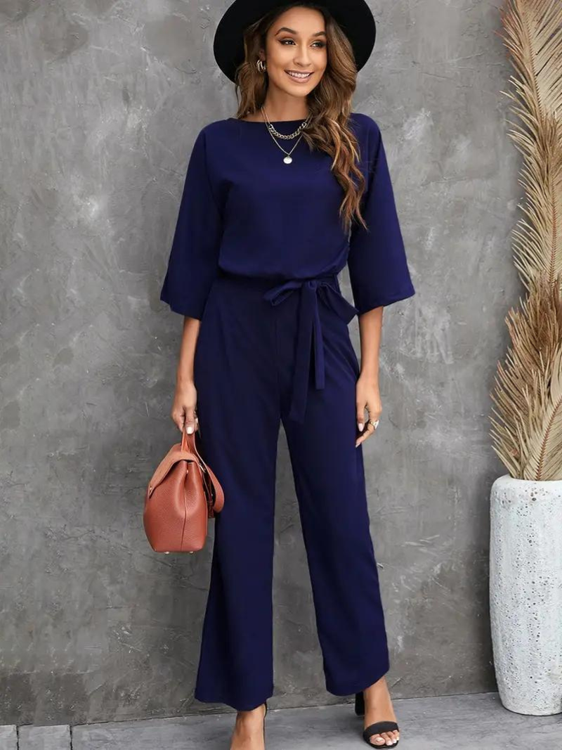 WW | Jumpsuit Weite Beinform Taillengürtel Dreiviertelärmel Elegante Passform