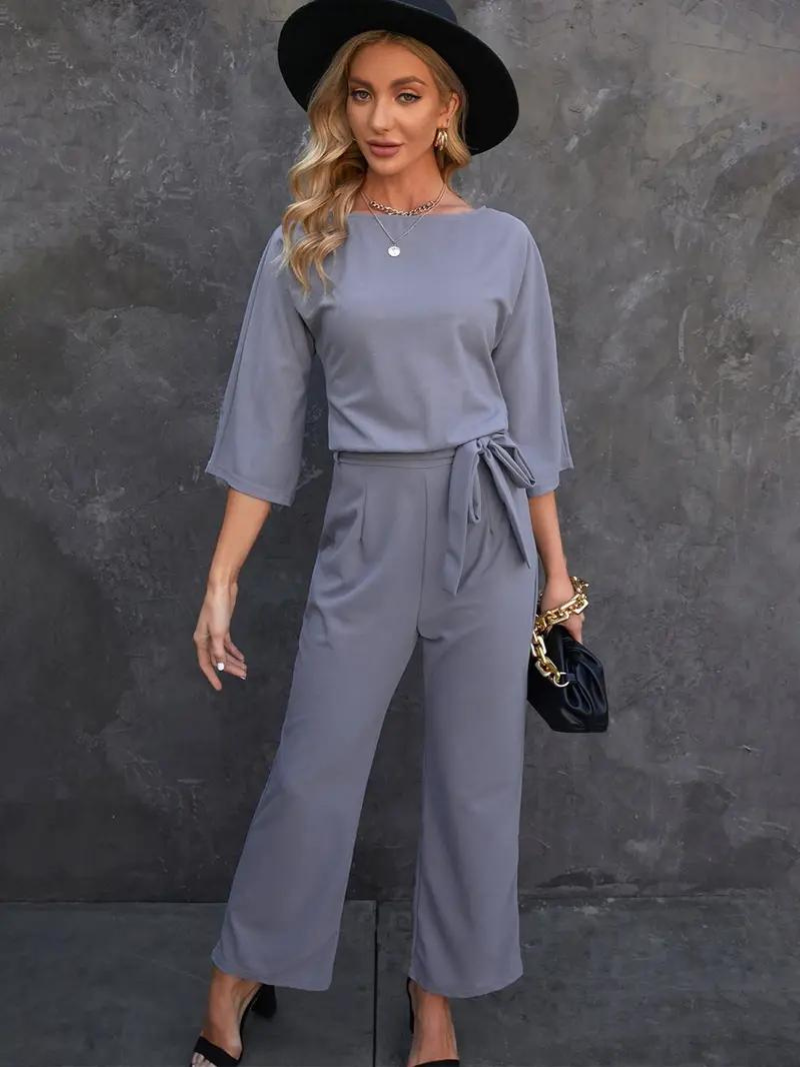 WW | Jumpsuit Weite Beinform Taillengürtel Dreiviertelärmel Elegante Passform