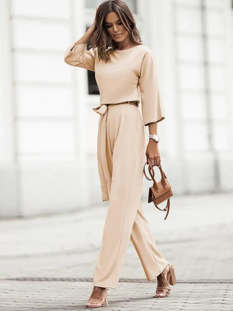 WW | Jumpsuit Weite Beinform Taillengürtel Dreiviertelärmel Elegante Passform