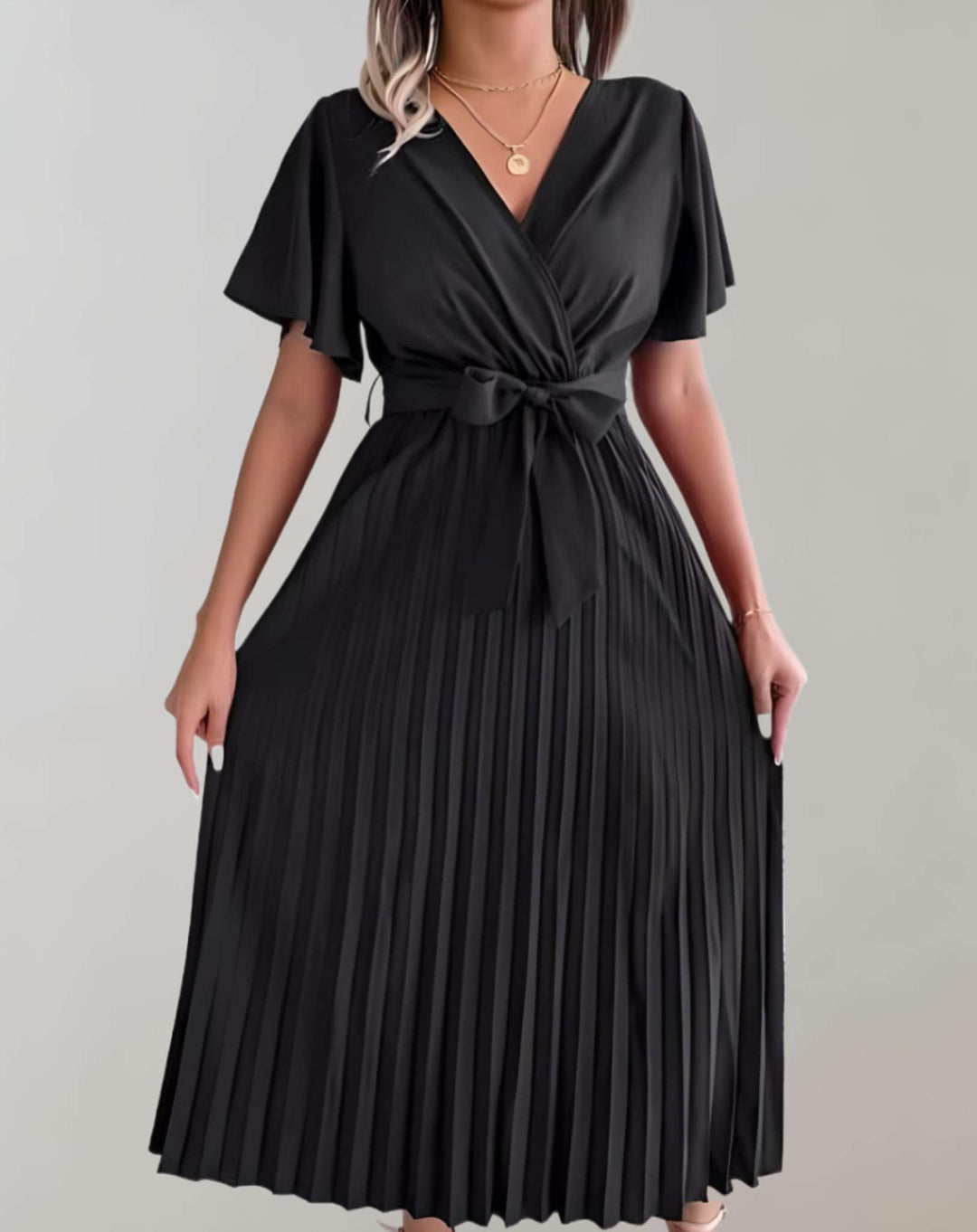 W&W Mode | Plissiertes Kleid Mit Weiten Kurzen Ärmeln Und Schleifenband Kleid