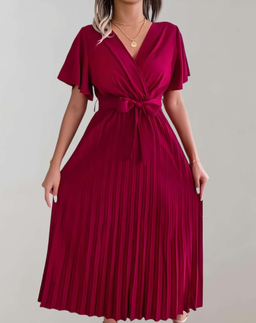 W&W Mode | Plissiertes Kleid Mit Weiten Kurzen Ärmeln Und Schleifenband Kleid