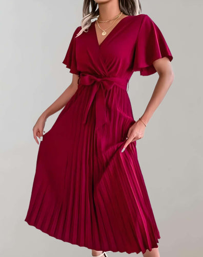 W&W Mode | Plissiertes Kleid Mit Weiten Kurzen Ärmeln Und Schleifenband Kleid
