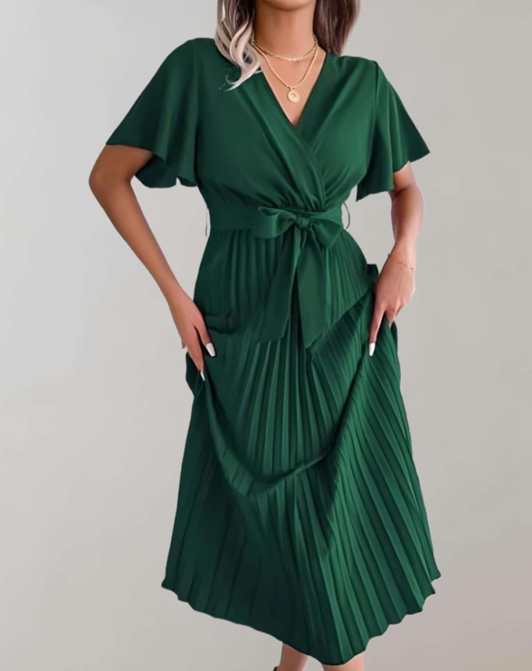 W&W Mode | Plissiertes Kleid Mit Weiten Kurzen Ärmeln Und Schleifenband Kleid