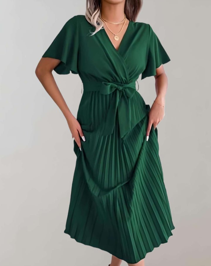 W&W Mode | Plissiertes Kleid Mit Weiten Kurzen Ärmeln Und Schleifenband Kleid