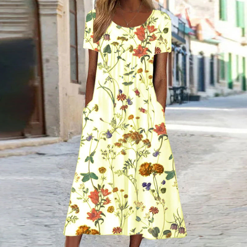 WW – Maxikleid im Bohemian-Stil mit Blumenmuster und Taschen | Kurzärmliges Maxikleid mit Blumenmuster im Boho-Chic-Stil für Damen