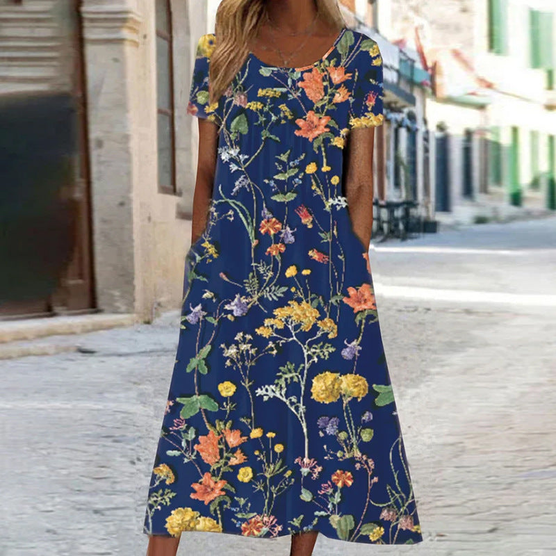 WW – Maxikleid im Bohemian-Stil mit Blumenmuster und Taschen | Kurzärmliges Maxikleid mit Blumenmuster im Boho-Chic-Stil für Damen