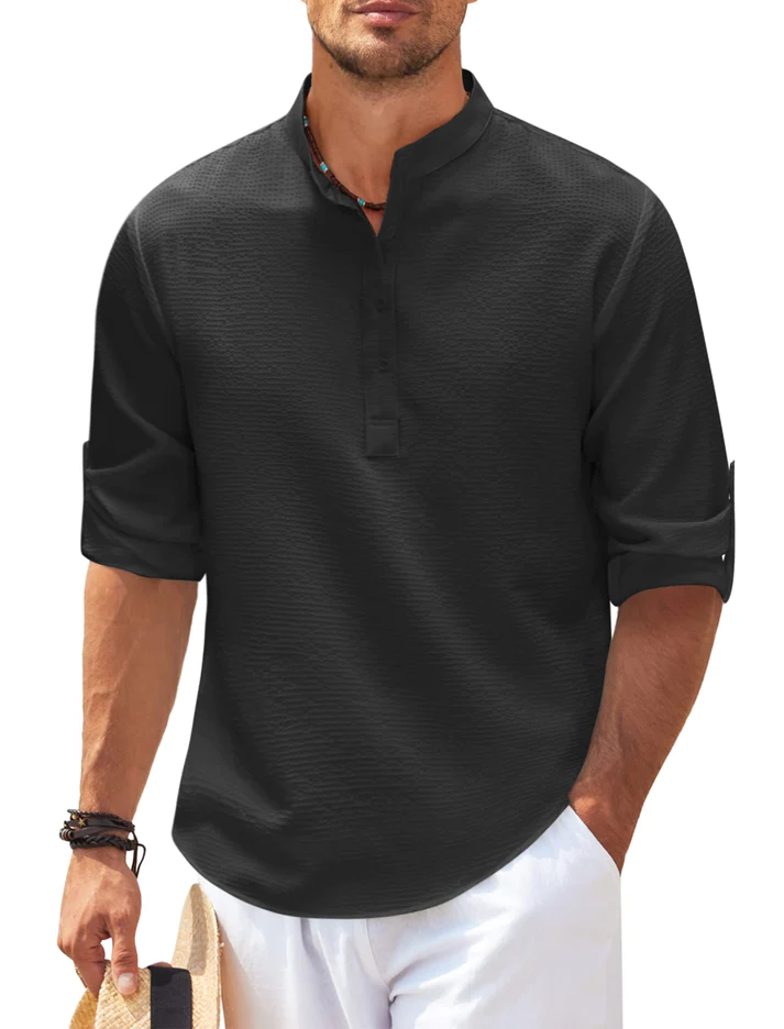 WW | Nadelstreifen Henley Hemd Mit Stehkragen Und Knopfleiste