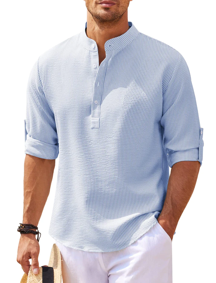 WW | Nadelstreifen Henley Hemd Mit Stehkragen Und Knopfleiste