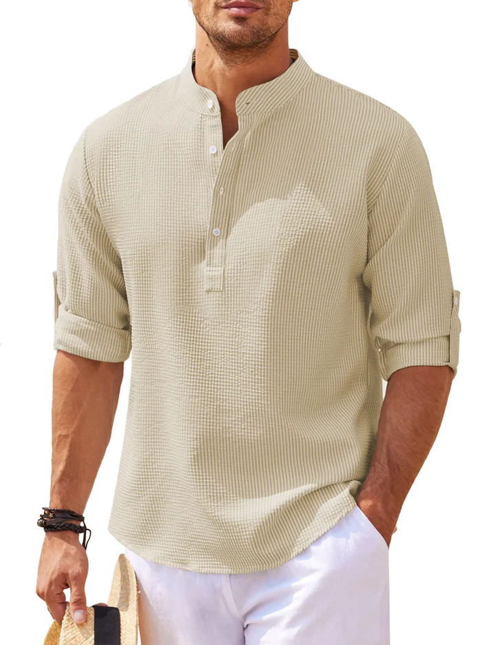 WW | Nadelstreifen Henley Hemd Mit Stehkragen Und Knopfleiste