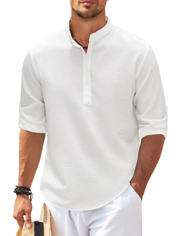 WW | Nadelstreifen Henley Hemd Mit Stehkragen Und Knopfleiste