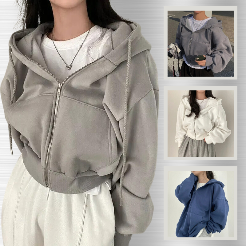 WW | Cropped Hoodie Übergroßer Kapuzenpullover mit Reißverschluss für Frauen