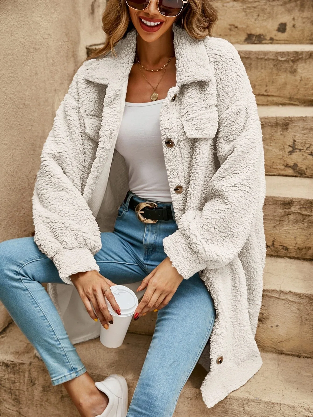 W&W Mode - Damen Button-up Mantel mit auffälligen Knöpfen