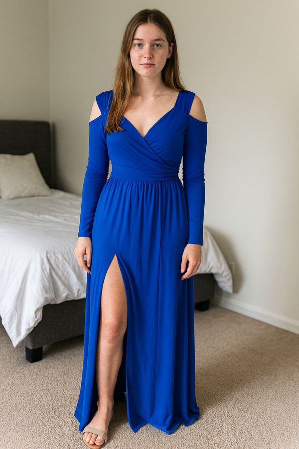 Elegantes langes Kleid mit Schlitz – Damen Abendkleid mit V-Ausschnitt & Cut-Out Schultern, Maxikleid für Hochzeit & Party