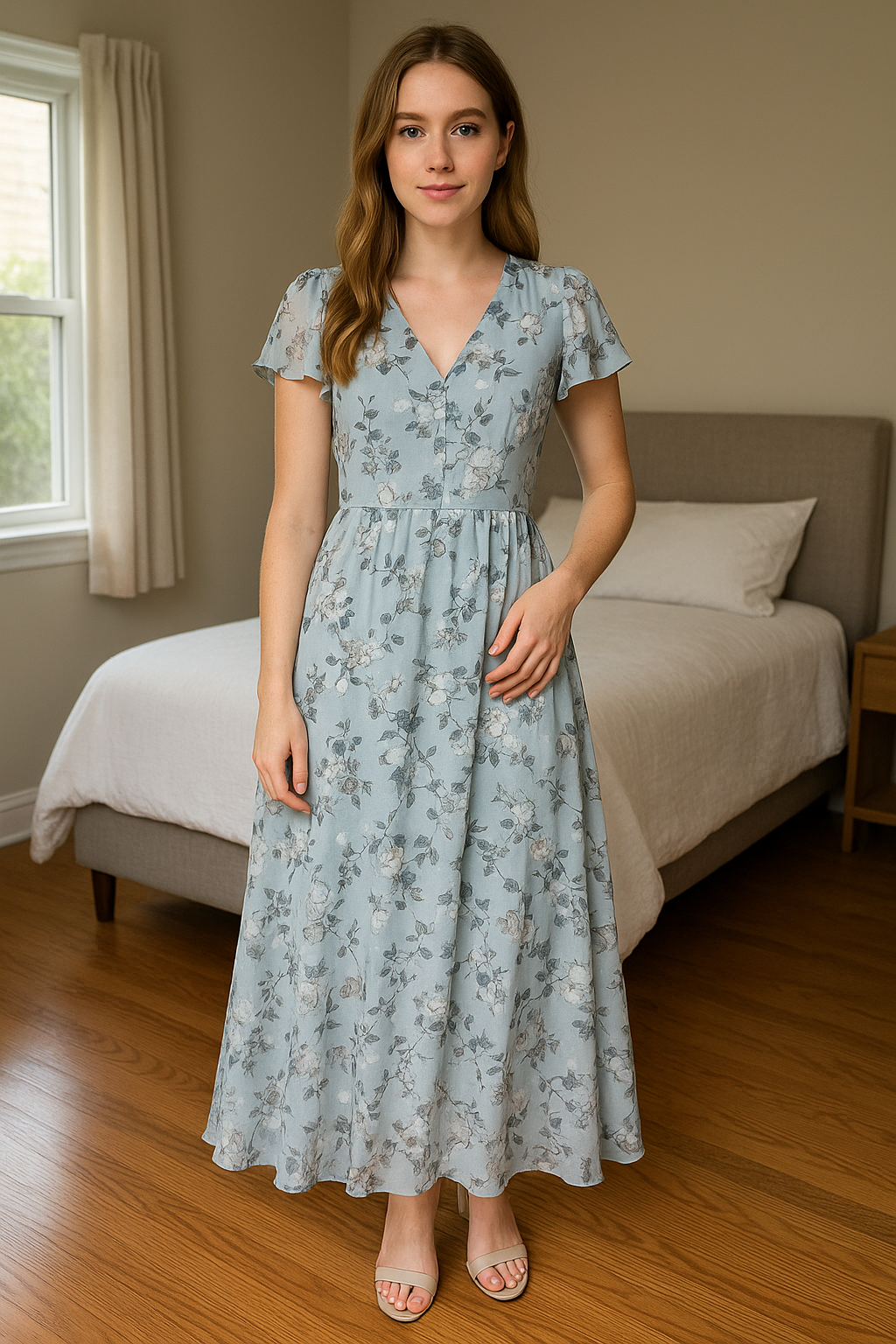 Blumiges Maxikleid mit V-Ausschnitt – Luftiges Sommerkleid für Hochzeit, Gartenparty & Wiesn