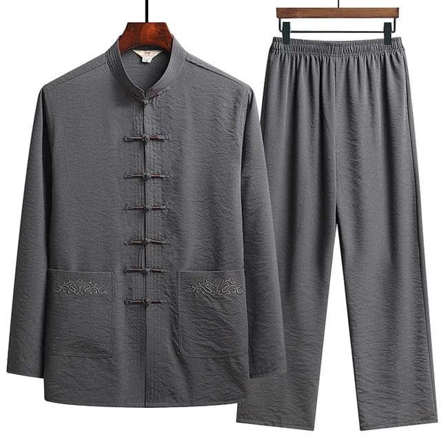 Damen Leinen-Set mit Langarm-Oberteil, Stehkragen und Froschknöpfen