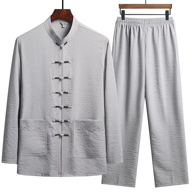 Damen Leinen-Set mit Langarm-Oberteil, Stehkragen und Froschknöpfen