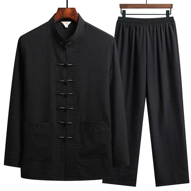 Damen Leinen-Set mit Langarm-Oberteil, Stehkragen und Froschknöpfen