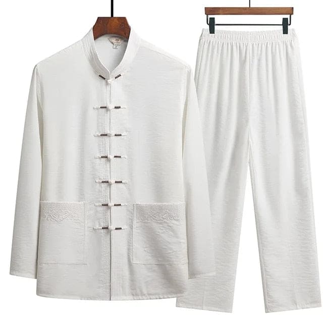 Damen Leinen-Set mit Langarm-Oberteil, Stehkragen und Froschknöpfen