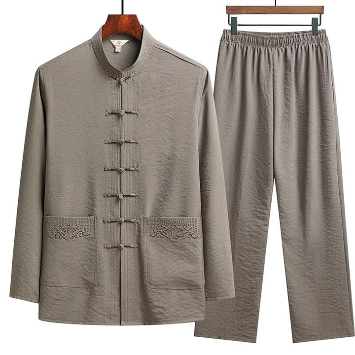 Damen Leinen-Set mit Langarm-Oberteil, Stehkragen und Froschknöpfen