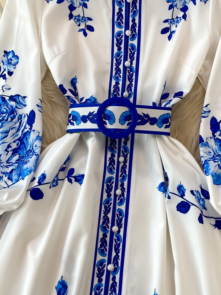 Vintage Blumendruck Langes Laternenärmel Kleid
