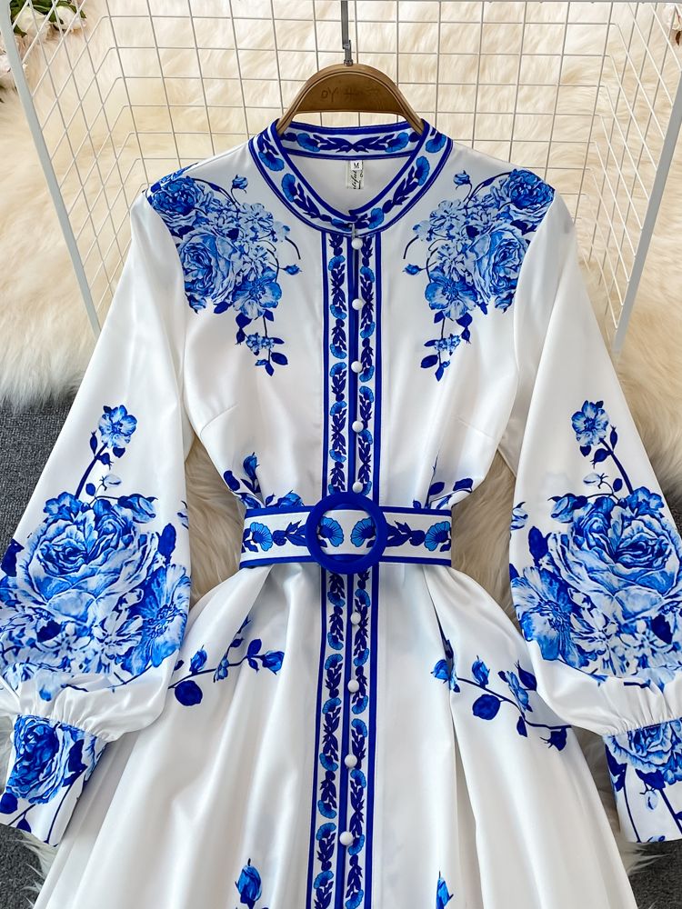 W&W Mode Kleid mit Blumendruck Langes Laternenärmeliges Single Vintage