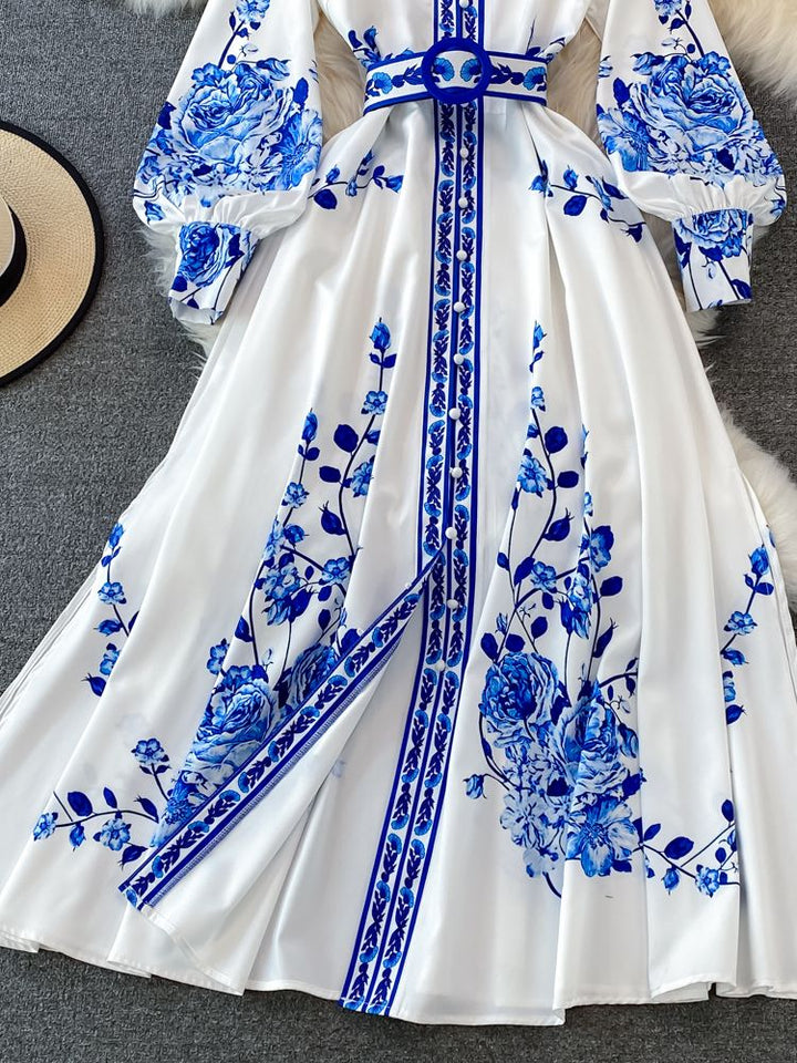 W&W Mode Kleid mit Blumendruck Langes Laternenärmeliges Single Vintage