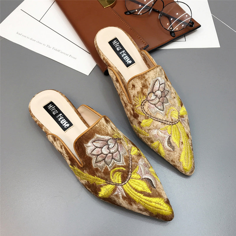WW | Mode Blumenmuster Stickerei Mules Fell Slides Zum Hineinschlüpfen Damen Mules Schuhe