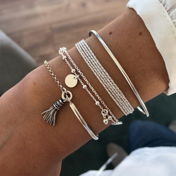 WW | Elegantes geschichtetes Silberarmband-Set für Damen