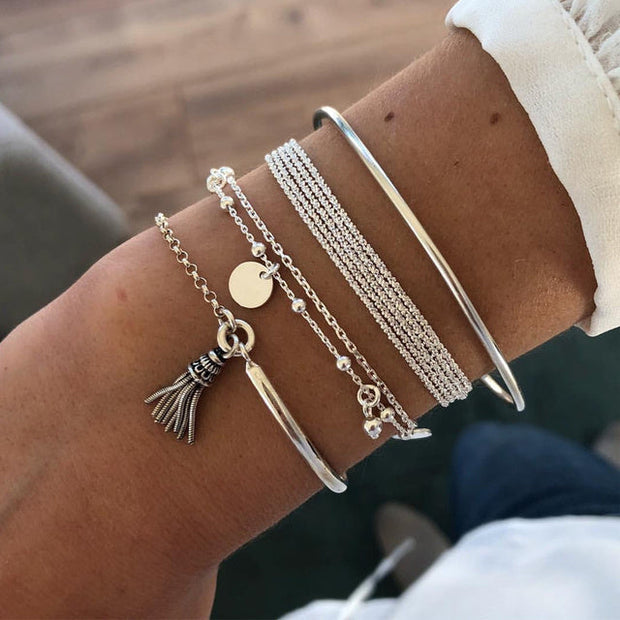 WW | Elegantes geschichtetes Silberarmband-Set für Damen