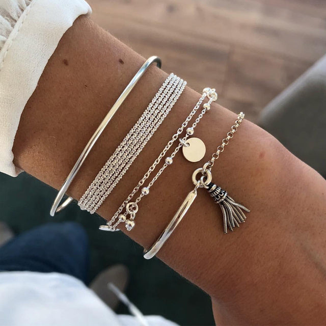 WW | Elegantes geschichtetes Silberarmband-Set für Damen
