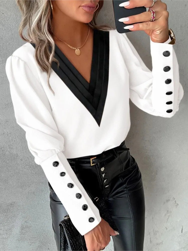 W&W Mode Top | Elegante trendige Bluse mit V-Ausschnitt und langen Ärmeln