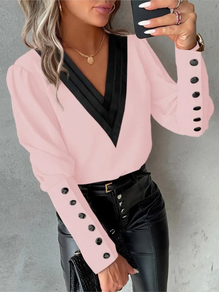 W&W Mode Top | Elegante trendige Bluse mit V-Ausschnitt und langen Ärmeln