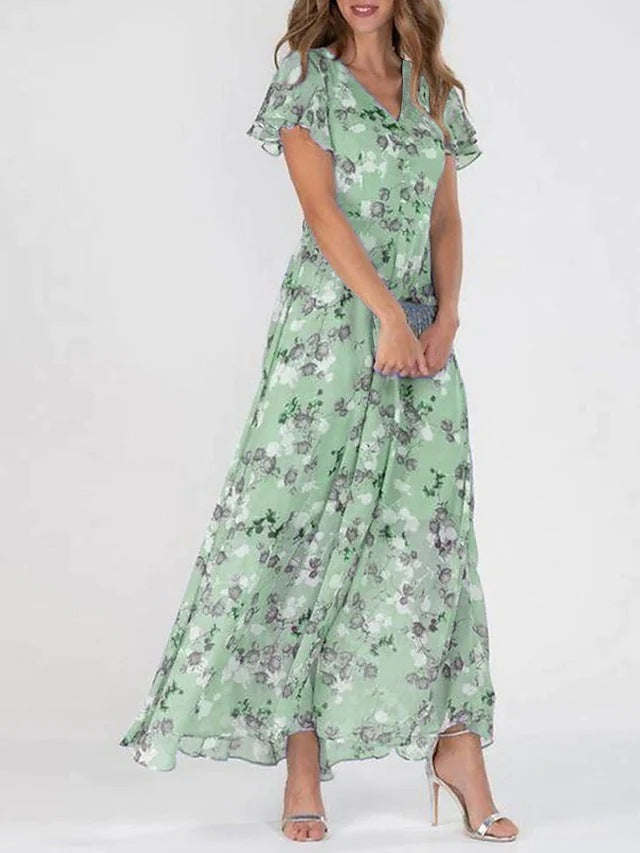 Blumiges Maxikleid mit V-Ausschnitt – Luftiges Sommerkleid für Hochzeit, Gartenparty & Wiesn