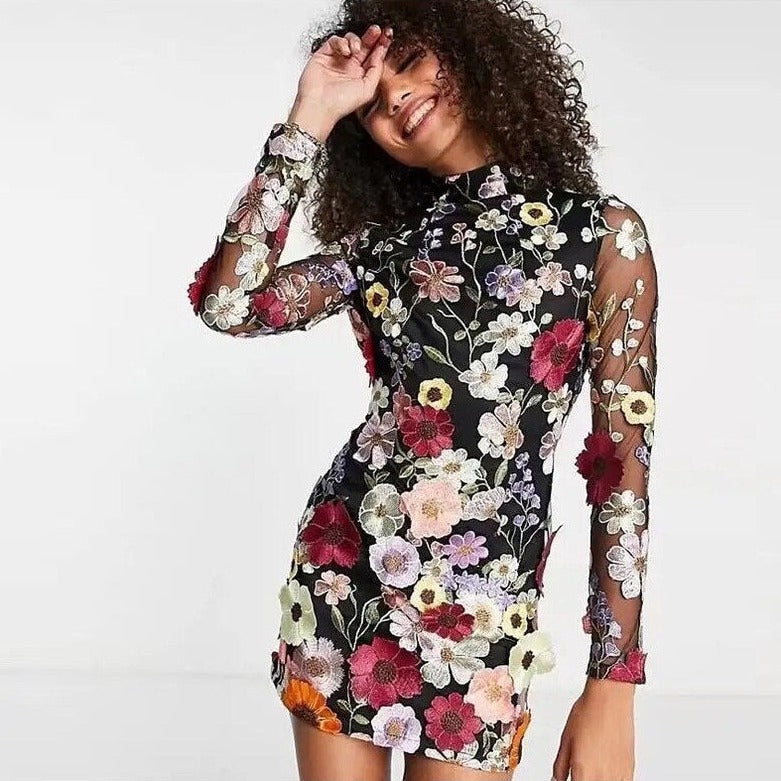 WW | Bestickte, Blümchenverzierte Transparente Minikleid