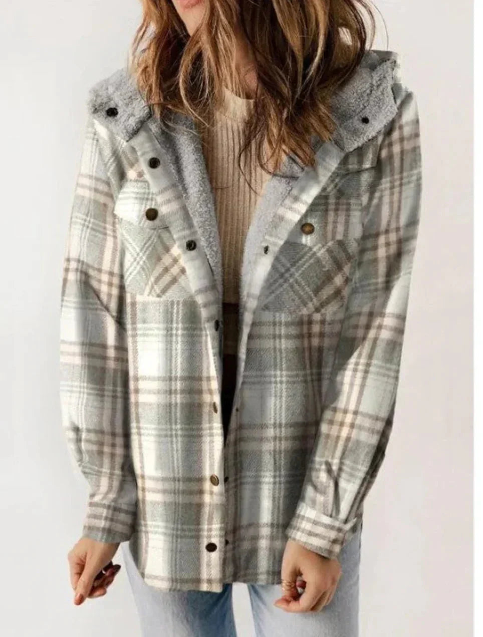 W&W Mode | kariert mit Kapuze Fleece gefütterte Jacke Damenjacke