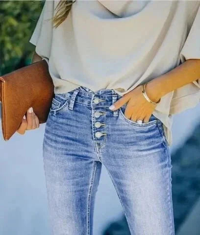 W&W Mode | Jeans gewaschen Knopf Damenjeans Jeans mit hoher Taille