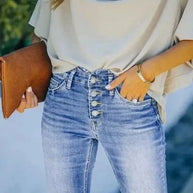 WW | Jeans gewaschen Knopf Damenjeans Jeans mit hoher Taille